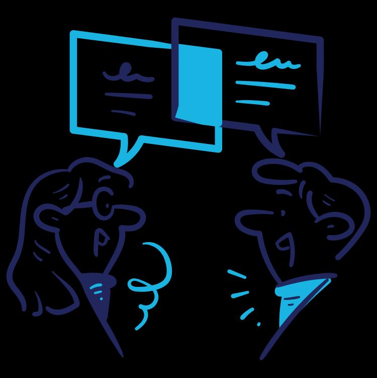 Man and woman chatting with thought bubbles above their heads