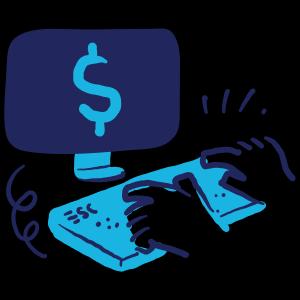hands typing while a dollar sign is displayed on a monitor
