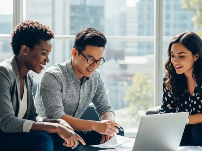 Three business professionals working around a laptop